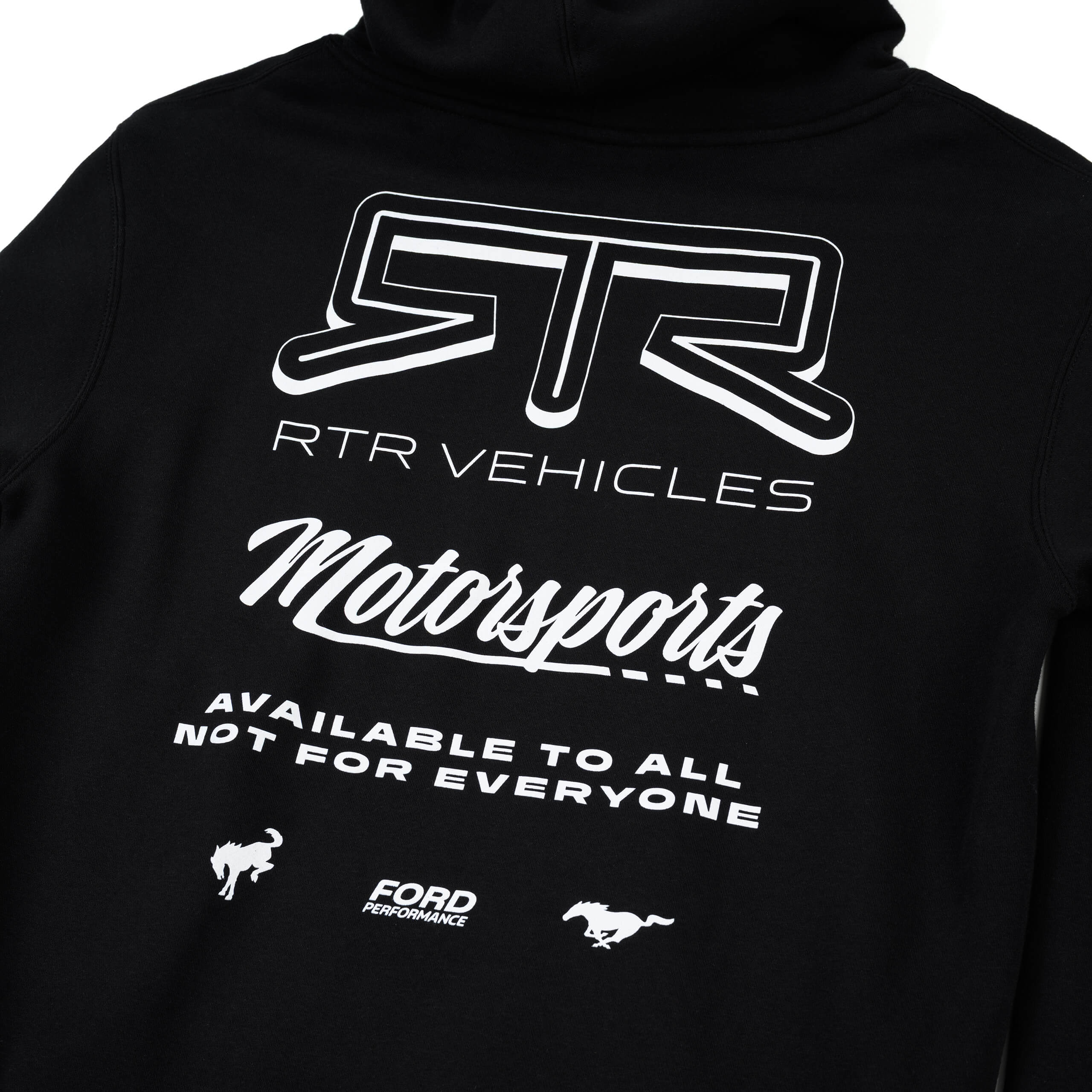 RTR Motorsports Hoodie with bold RTR branding, Ford icons, and a kangaroo pocket, featuring a heavyweight fleece design ideal for motorsport enthusiasts.