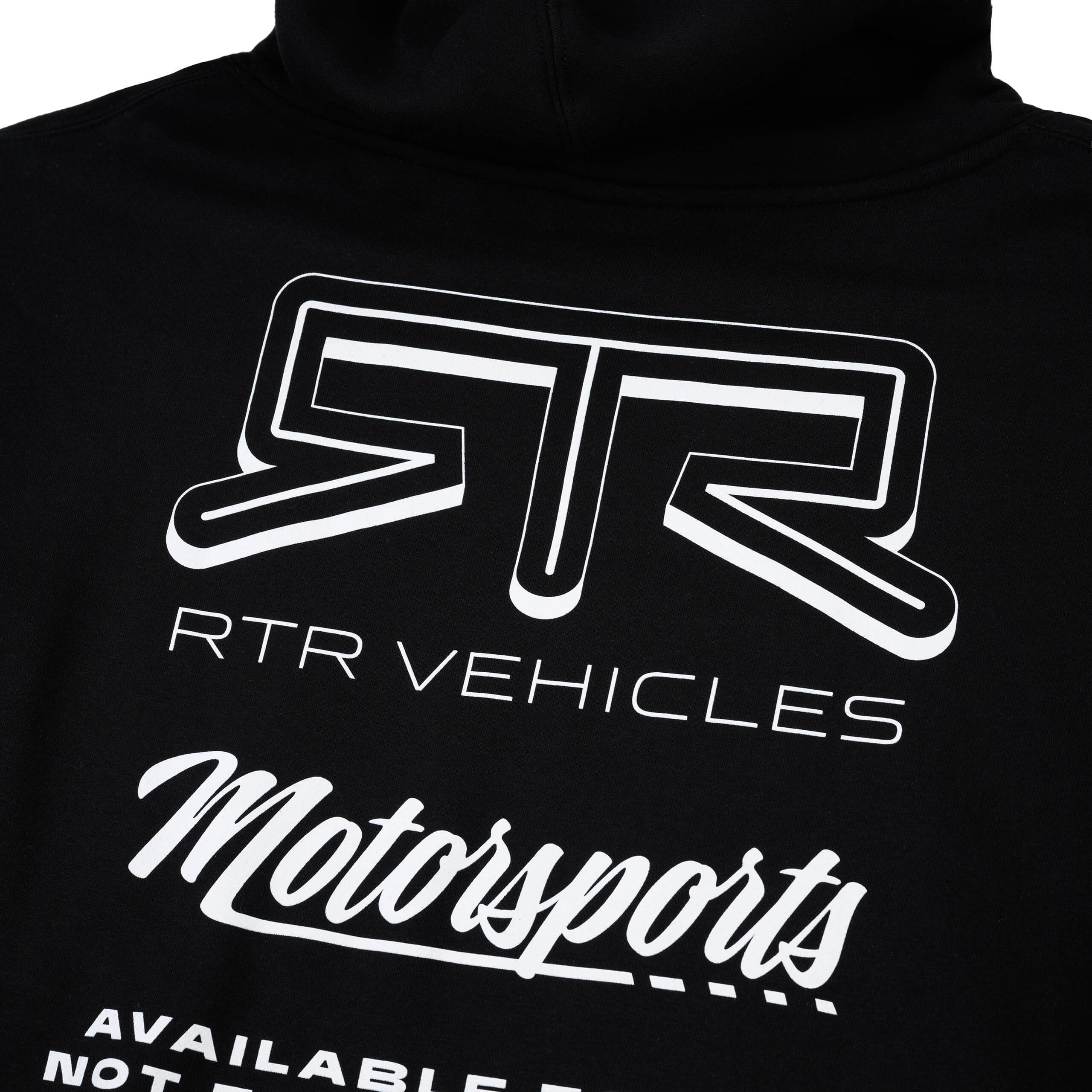 RTR Motorsports Hoodie featuring bold white branding and Ford icons on a black surface, designed for a relaxed fit and everyday comfort.