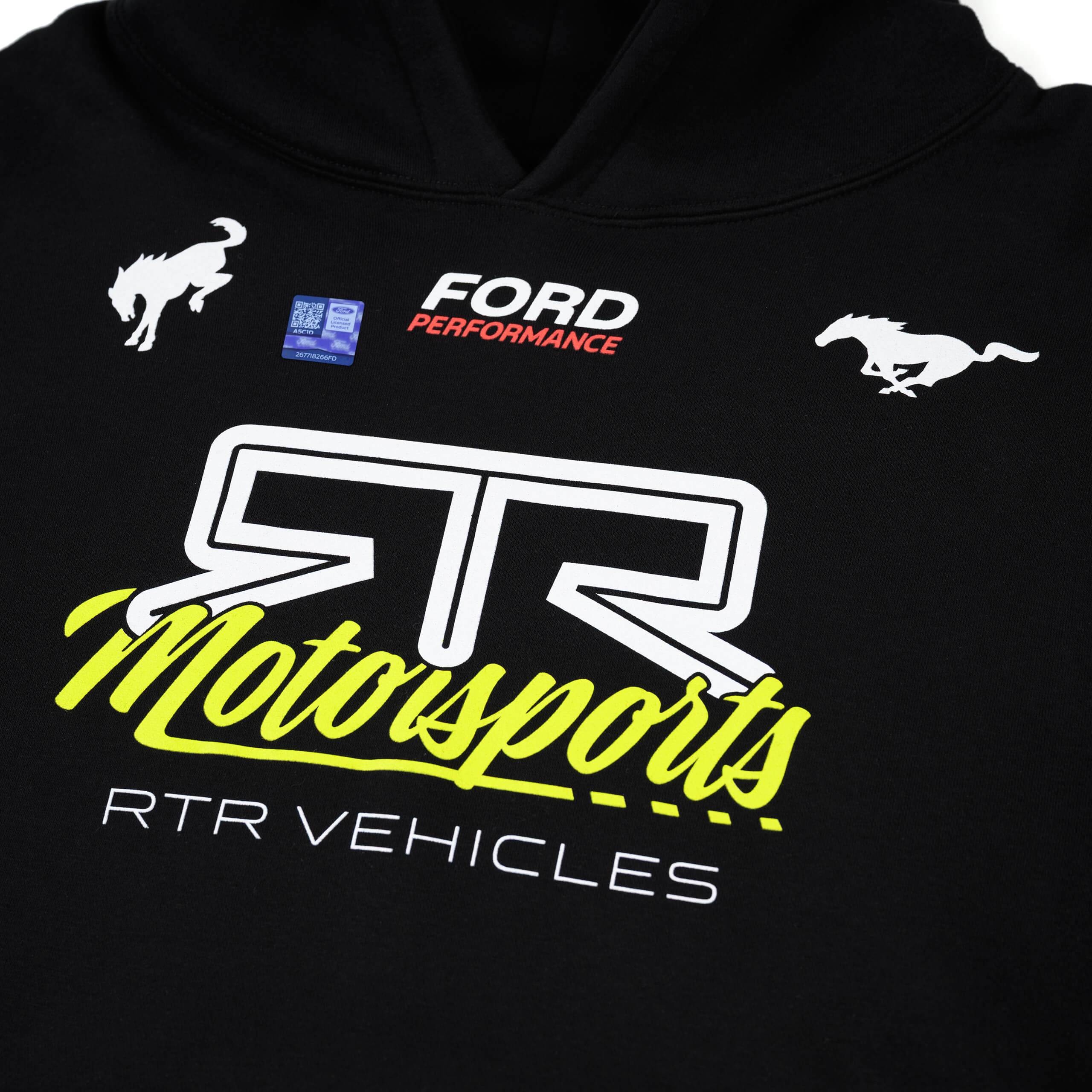 Close-up of RTR Motorsports Hoodie featuring bold RTR branding, Ford Performance logos, and a kangaroo pocket, capturing motorsports passion and comfort.