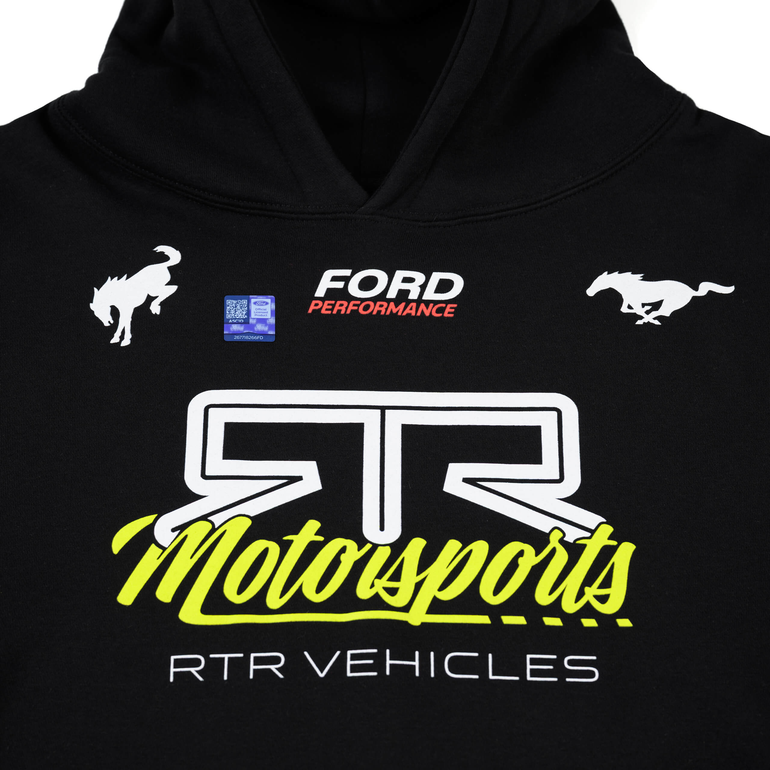RTR Motorsports Hoodie featuring bold RTR branding, Ford logos, and Mustang graphics, designed for comfort with heavyweight fleece, relaxed fit, and kangaroo pocket.