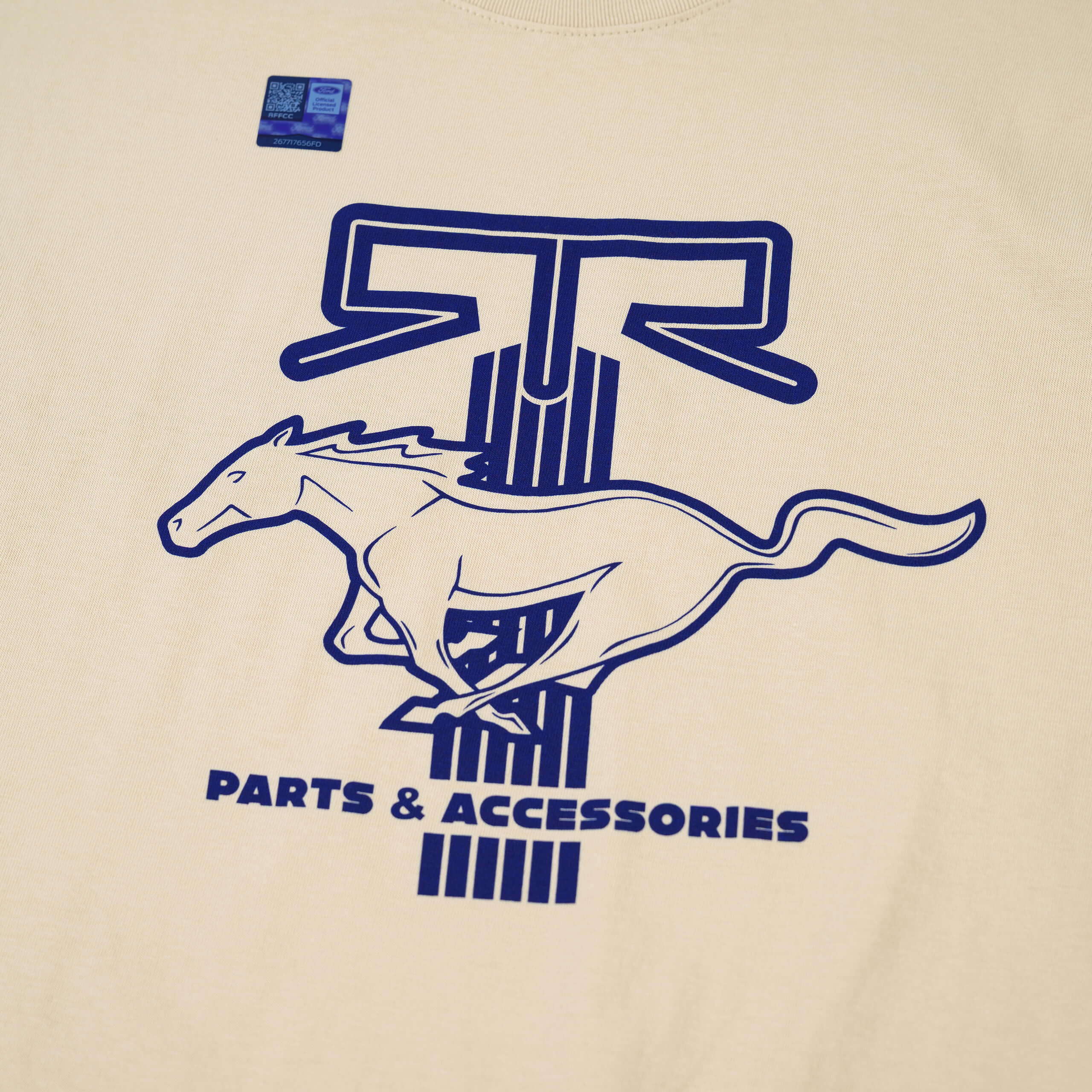 Close-up of the RTR Equipp'd T-Shirt logo, showcasing the ink illustration representing the Mustang culture and lifestyle.