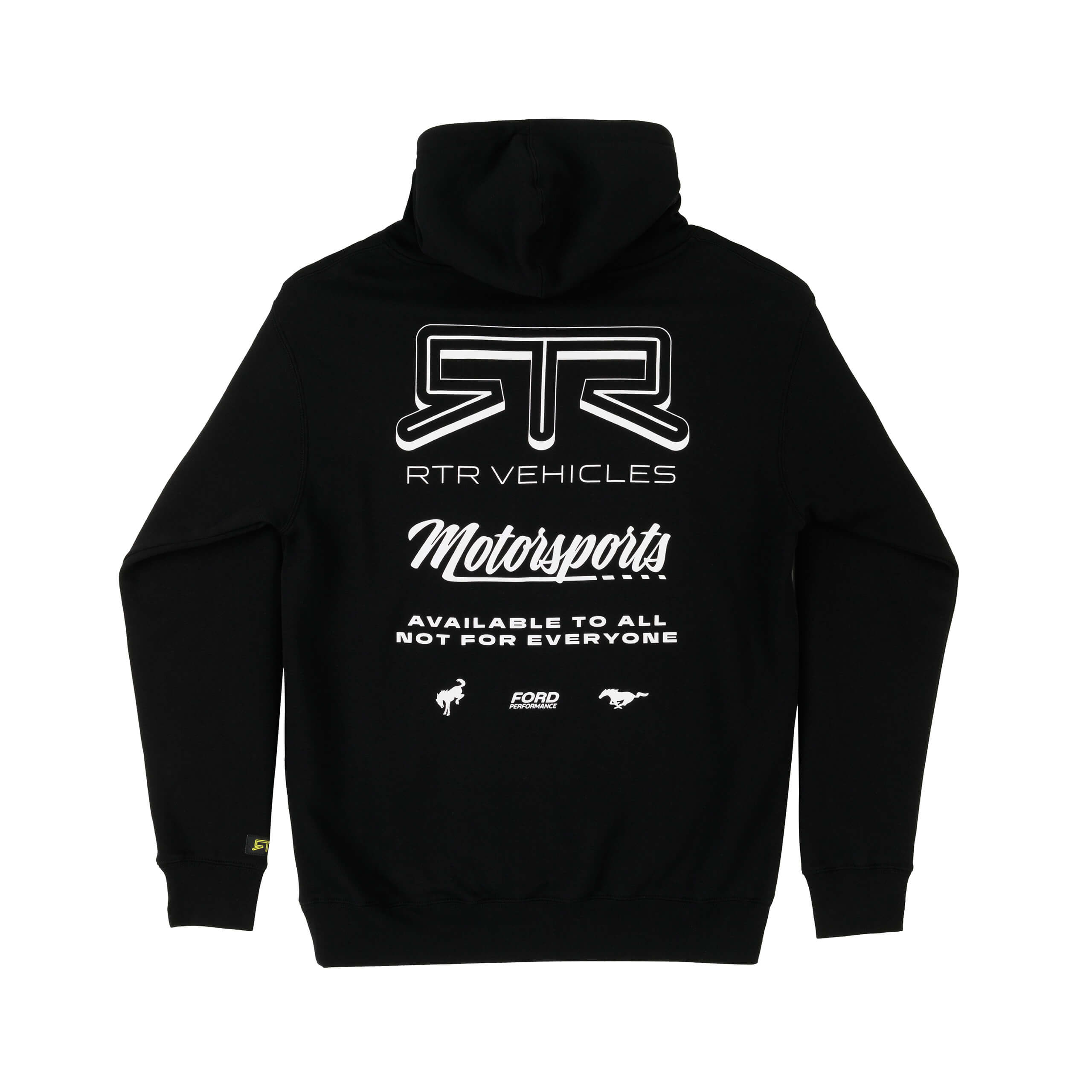 RTR Motorsports Hoodie featuring bold RTR branding and Ford icons on a black base, offering a relaxed fit with kangaroo pocket and double-lined hood.