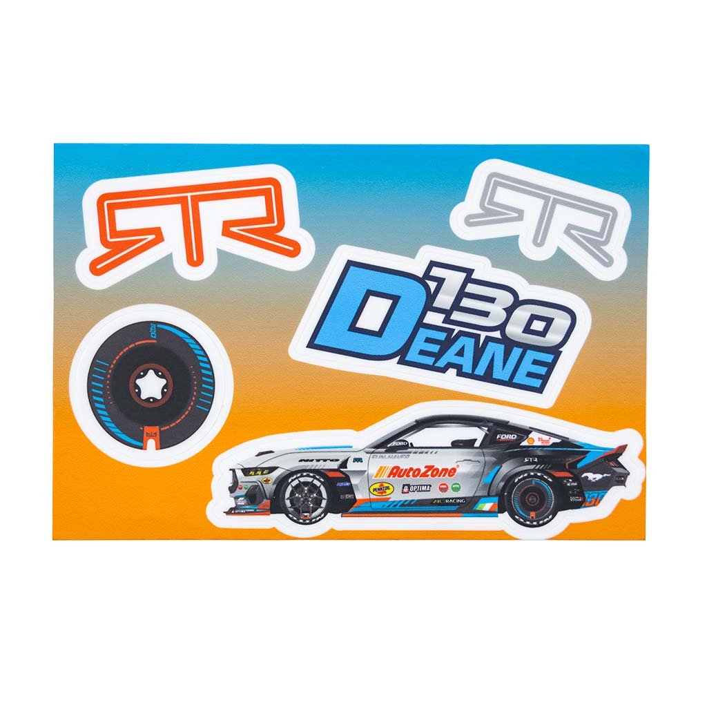 2024 RTR Drift Team Sticker Sheet featuring race car stickers of Mustang RTR Spec 5-FD, Aero Disc, monograms, and RTR Logo.