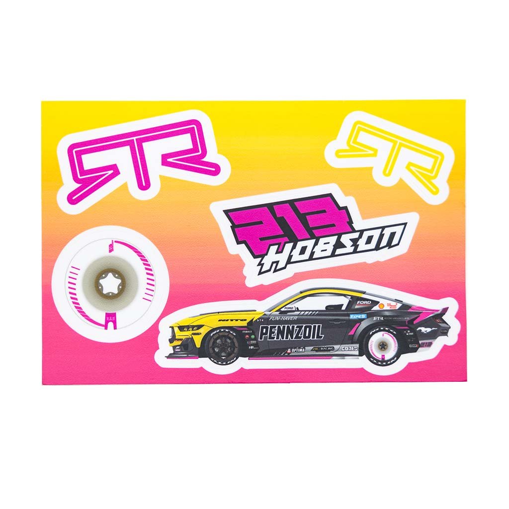 2024 RTR Drift Team Sticker Sheet featuring race cars, logos, and driver monograms for Vaughn Gittin Jr., James Deane, or Ben Hobson.