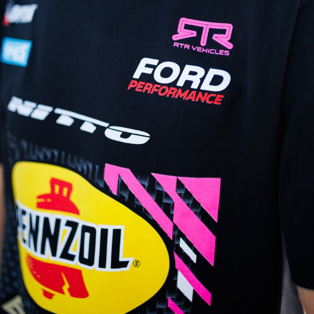 2025 Ben Hobson RTR Vehicles Drift Team Shirt showcasing its durable, soft ringspun cotton fabric and quality construction, inspired by the 2025 Mustang RTR Spec 5-FD livery.