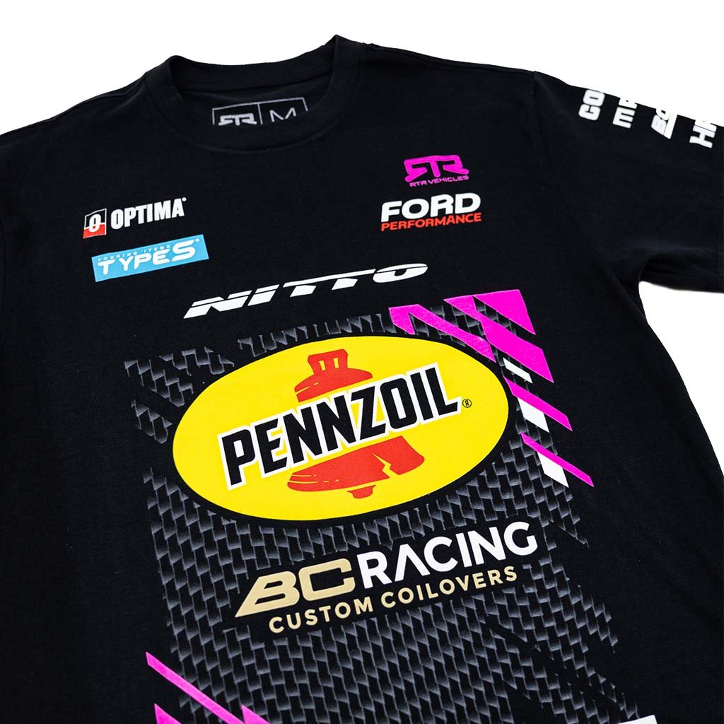 2025 Ben Hobson RTR Vehicles Drift Team Shirt, showcasing the Mustang RTR Spec 5-FD livery, crafted from durable ringspun cotton with quality stitching and a pre-shrunk fit.