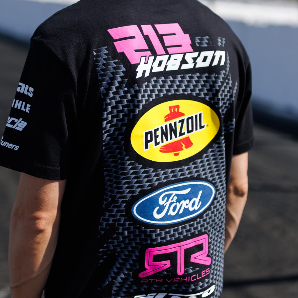 2025 Ben Hobson RTR Vehicles Drift Team Shirt featuring Ben's Mustang RTR Spec 5-FD livery design, showcasing side-seamed construction and durable ringspun cotton fabric.