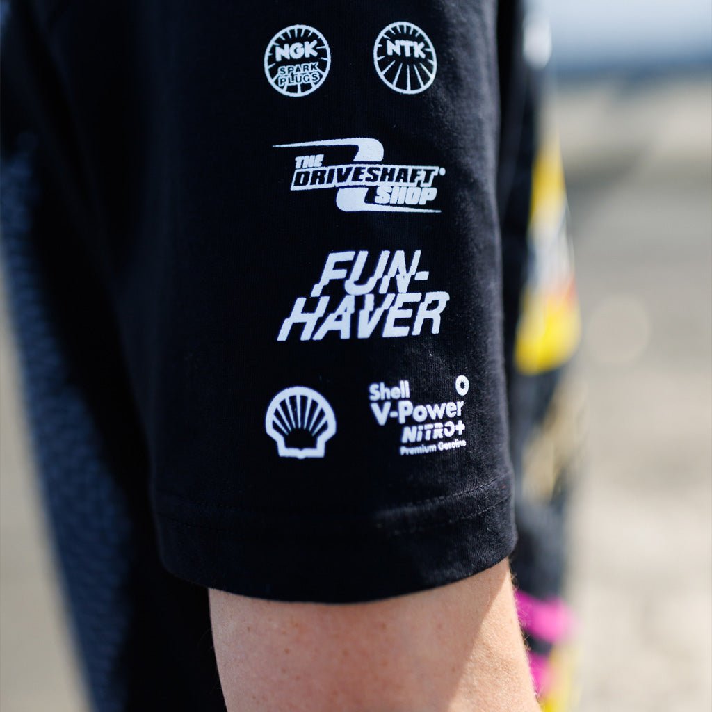 2025 Ben Hobson RTR Vehicles Drift Team Shirt showcasing Ben's 2025 Mustang RTR livery on a durable, ringspun cotton tee with side-seamed construction and double-needle stitching.