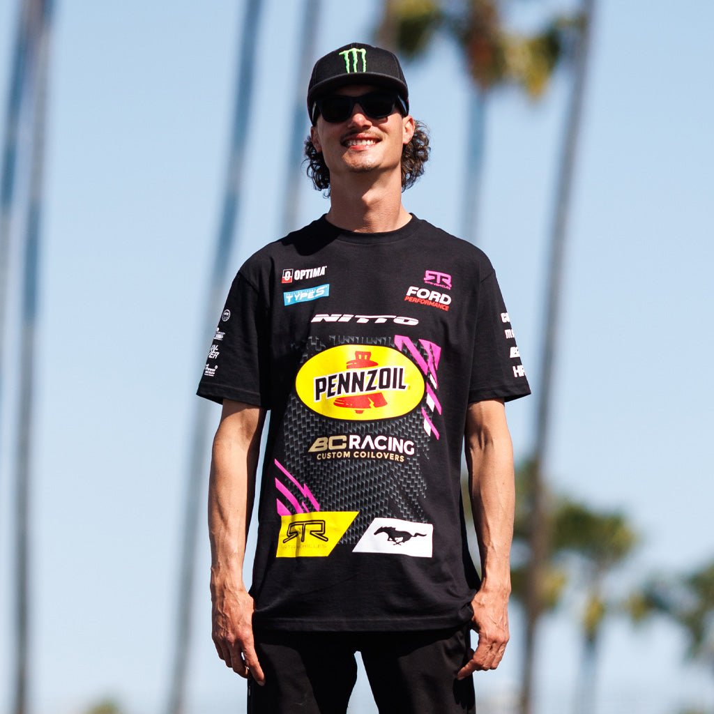 2025 Ben Hobson RTR Vehicles Drift Team Shirt featuring the Mustang RTR Spec 5-FD livery, crafted from 100% ringspun cotton with durable, pre-shrunk construction.