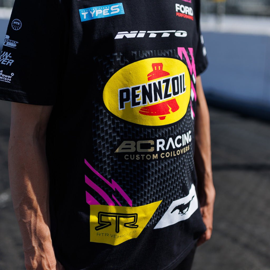 2025 Ben Hobson RTR Vehicles Drift Team Shirt featuring Ben's Mustang RTR livery, crafted from durable ringspun cotton with side-seamed construction and double-needle stitching.