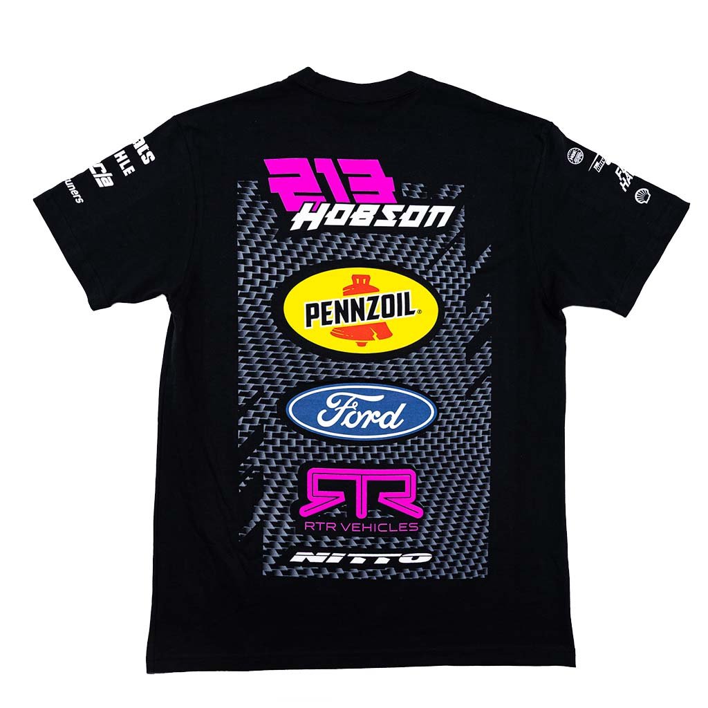 Ben Hobson RTR Vehicles Drift Team Shirt showcasing the 2025 Mustang RTR Spec 5-FD livery, made from durable 100% ringspun cotton with quality stitching.