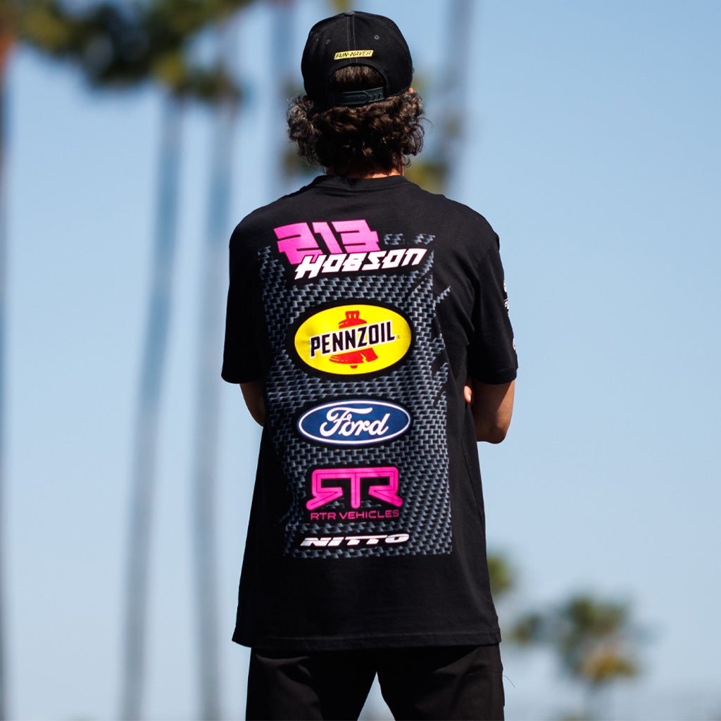 2025 Ben Hobson RTR Vehicles Drift Team Shirt showcasing Ben's 2025 Mustang RTR Spec 5-FD livery, made from soft, durable ringspun cotton, ideal for competitions.