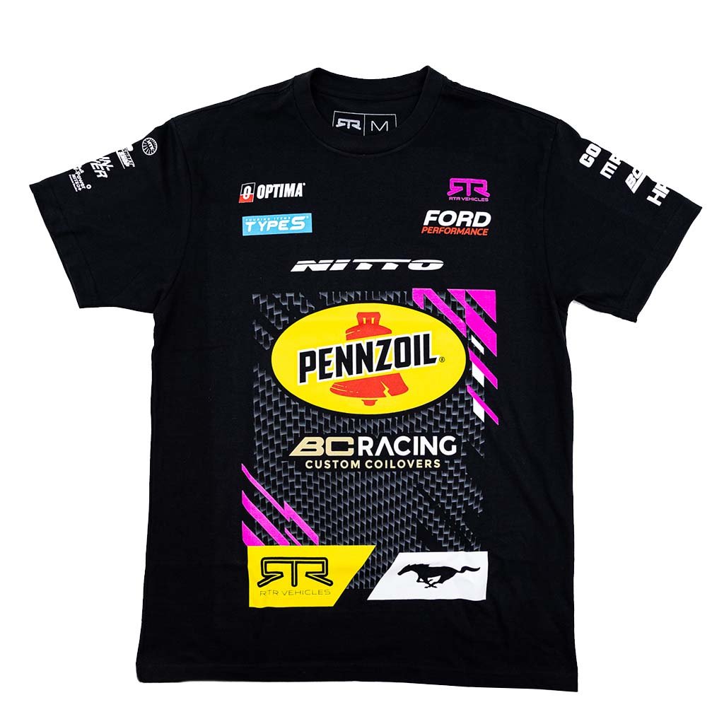 2025 Ben Hobson RTR Vehicles Drift Team Shirt featuring Ben's Mustang RTR Spec 5-FD livery, crafted from ringspun cotton with double-needle stitching for durability.