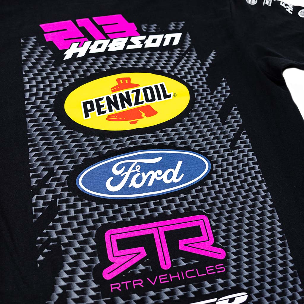 2025 Ben Hobson RTR Vehicles Drift Team Shirt showcasing Ben's Mustang RTR Spec 5-FD livery, crafted from 100% ringspun cotton with durable side-seamed construction.