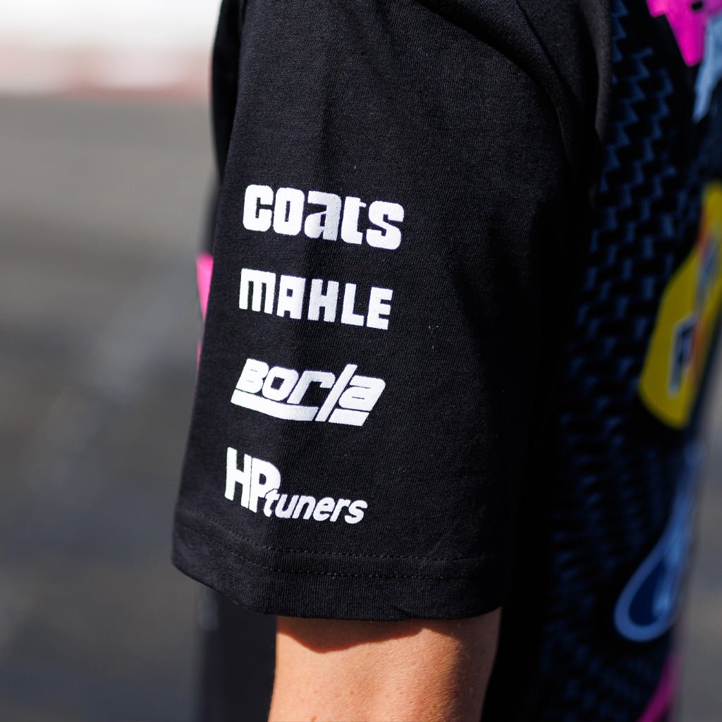 2025 Ben Hobson RTR Vehicles Drift Team Shirt featuring the Mustang RTR Spec 5-FD livery design, crafted from soft, durable, pre-shrunk ringspun cotton.