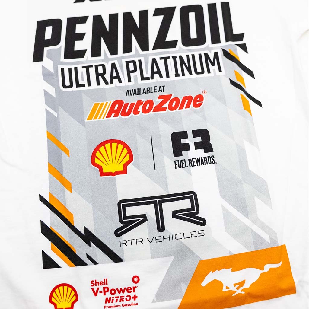 Graphic t-shirt for Pennzoil Ultra Platinum with AutoZone, Shell, and RTR Vehicles logos on a white background.