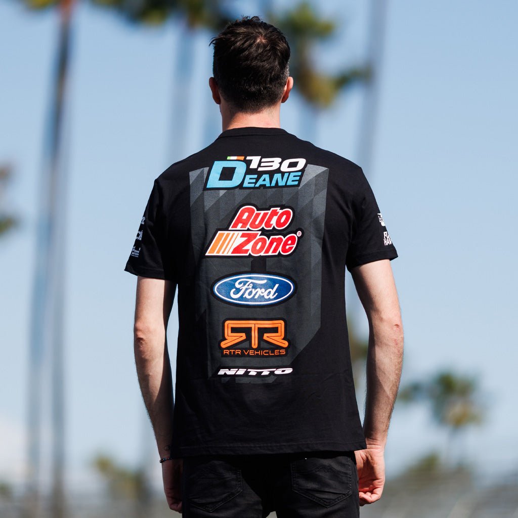 2025 James Deane RTR Vehicles Drift Team Shirt featuring the new Mustang RTR Spec 5-FD livery, crafted from durable, soft ringspun cotton with detailed stitching.