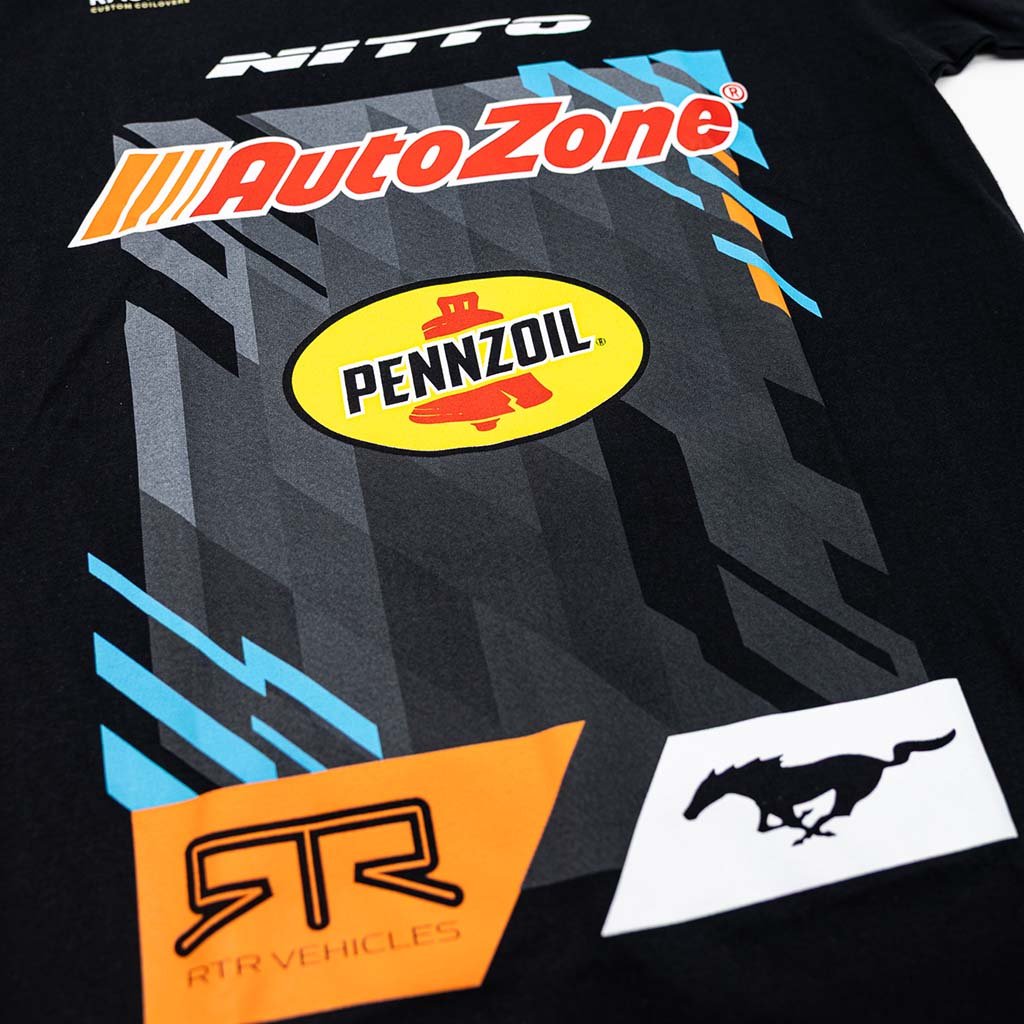 2025 James Deane RTR Vehicles Drift Team Shirt featuring James' Mustang RTR Spec 5-FD livery design, crafted from durable ringspun cotton with side-seamed construction.