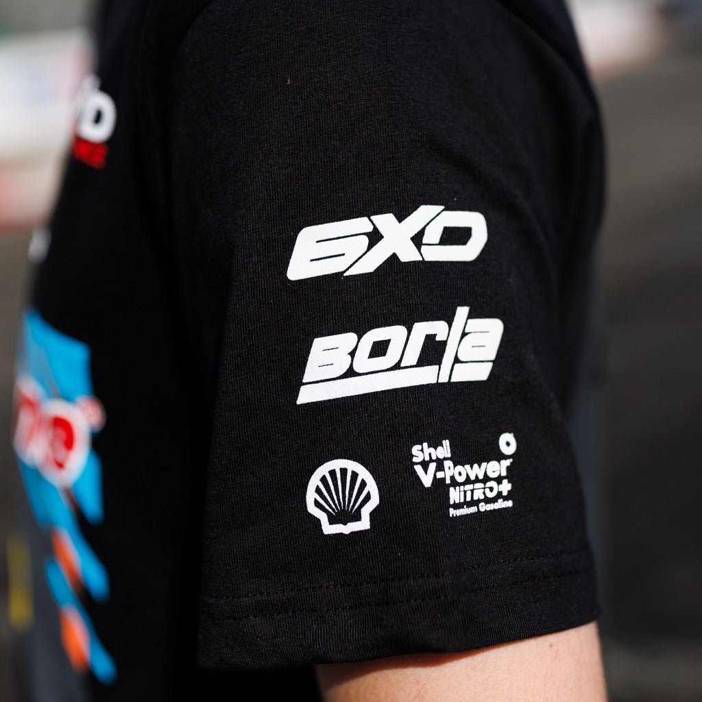 2025 James Deane RTR Vehicles Drift Team Shirt featuring James' Mustang RTR Spec 5-FD livery, crafted from 100% ringspun cotton for a soft, durable fit.