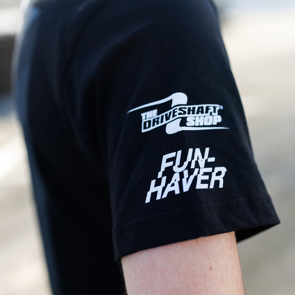 2025 James Deane RTR Vehicles Drift Team Shirt featuring James' 2025 Mustang RTR Spec 5-FD livery, crafted from ringspun cotton with side-seamed construction for durability.