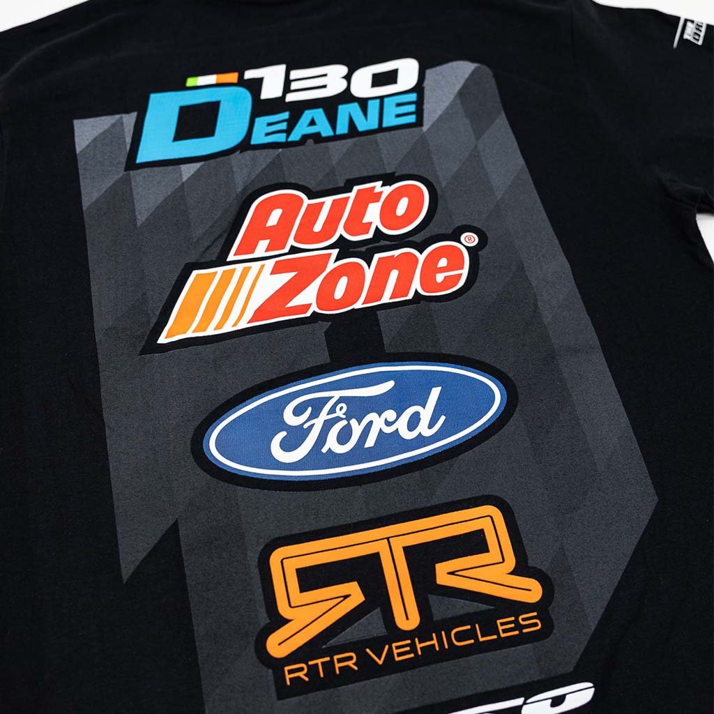 2025 James Deane RTR Vehicles Drift Team Shirt featuring James Deane’s 2025 Mustang RTR Spec 5-FD livery design, crafted for durability with side-seamed construction and double-needle stitching.