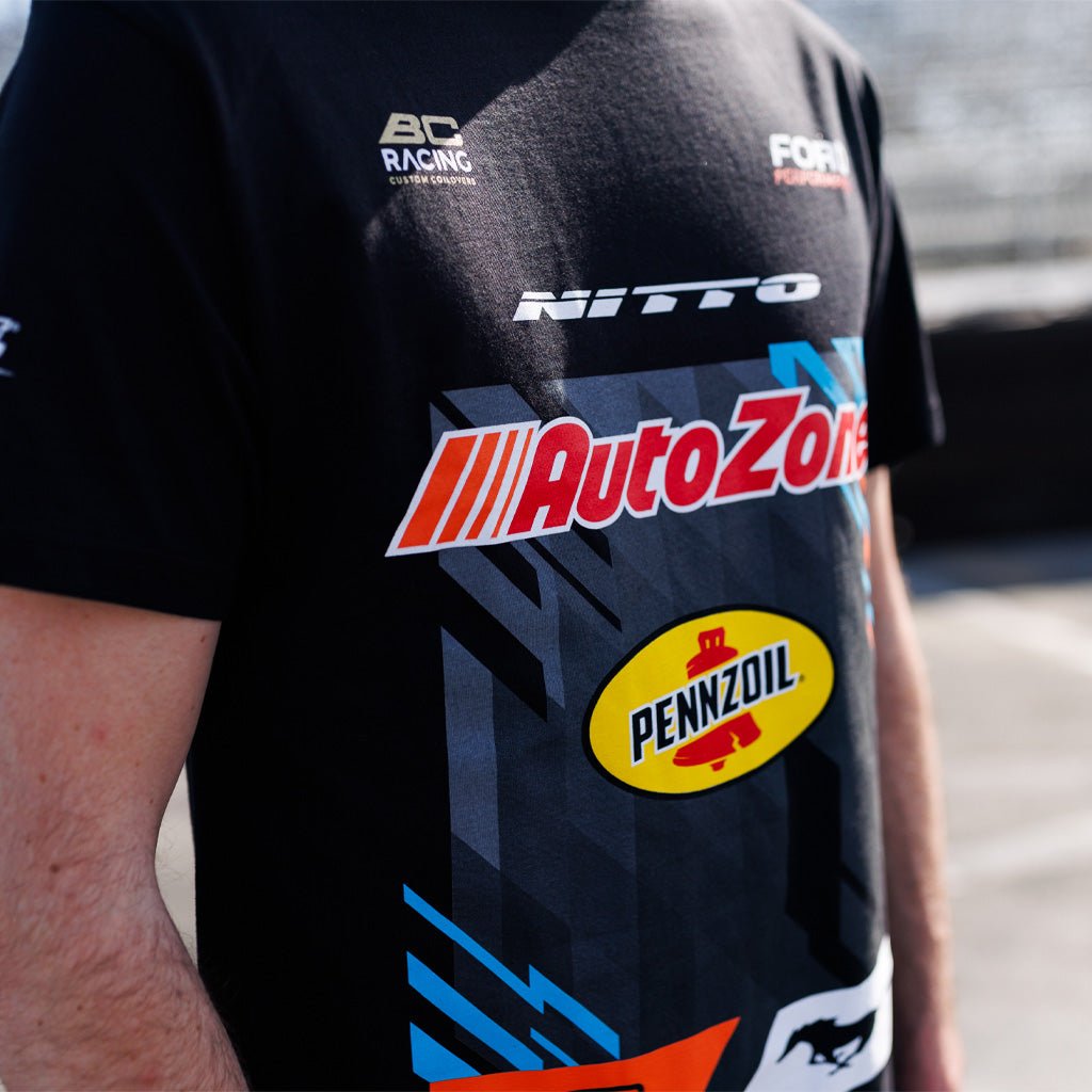 2025 James Deane RTR Vehicles Drift Team Shirt featuring the Mustang RTR Spec 5-FD livery design, crafted from durable, soft ringspun cotton with quality stitching.