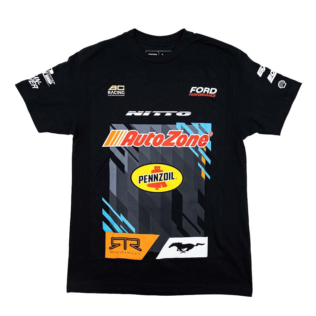 2025 James Deane RTR Vehicles Drift Team Shirt showcasing Mustang RTR Spec 5-FD livery design, side-seamed construction, and durable ringspun cotton fabric for a quality fit.