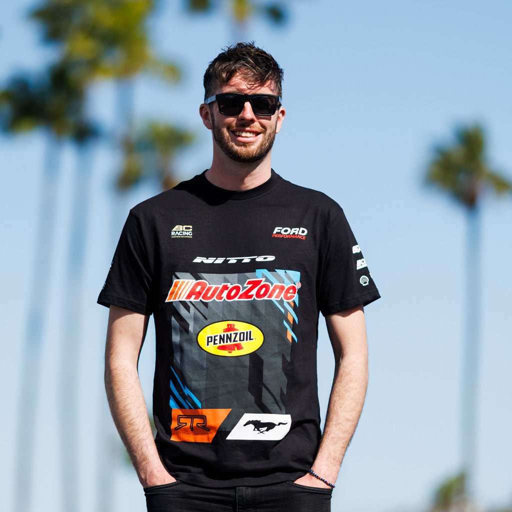 2025 James Deane RTR Vehicles Drift Team Shirt showcasing the new Mustang RTR Spec 5-FD livery, crafted from durable cotton with quality stitching for a comfortable fit.