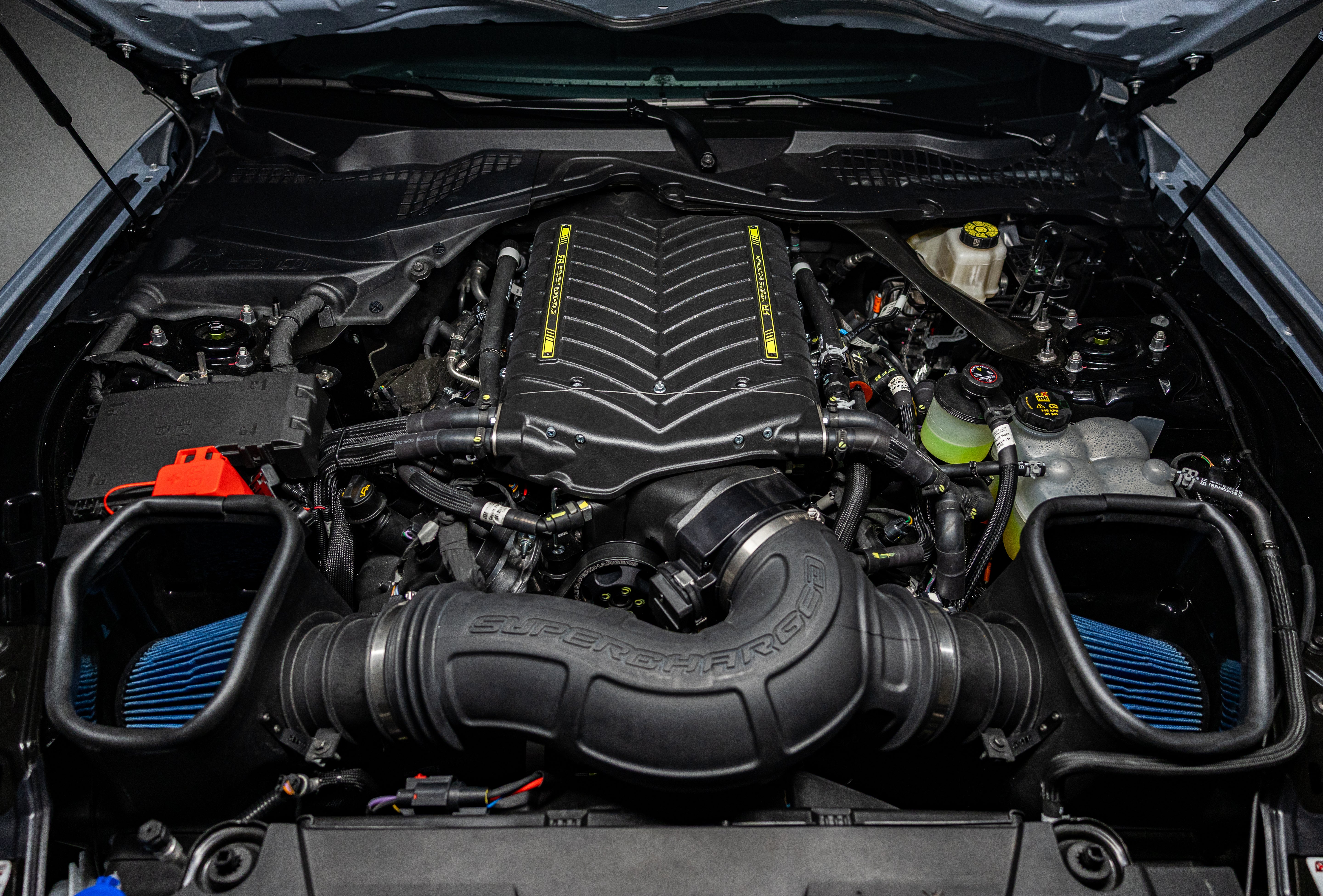 Engine bay of 2026 Mstang RTR Spec 5 with a supercharged 5.0L V8 paired with a 3.0L Stage 2 Whipple Supercharger System