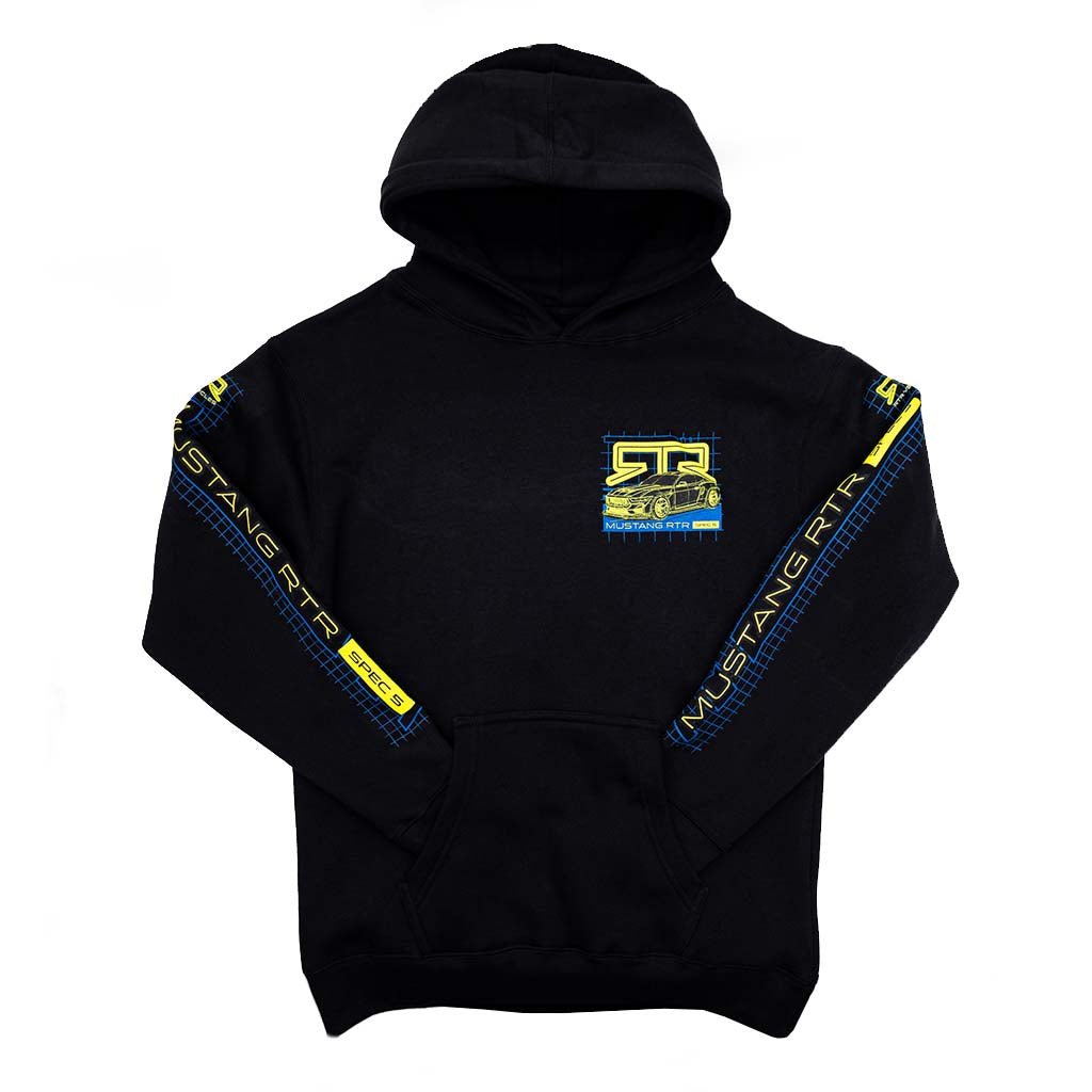 Black hoodie with hyper lime and blue accents on a white background