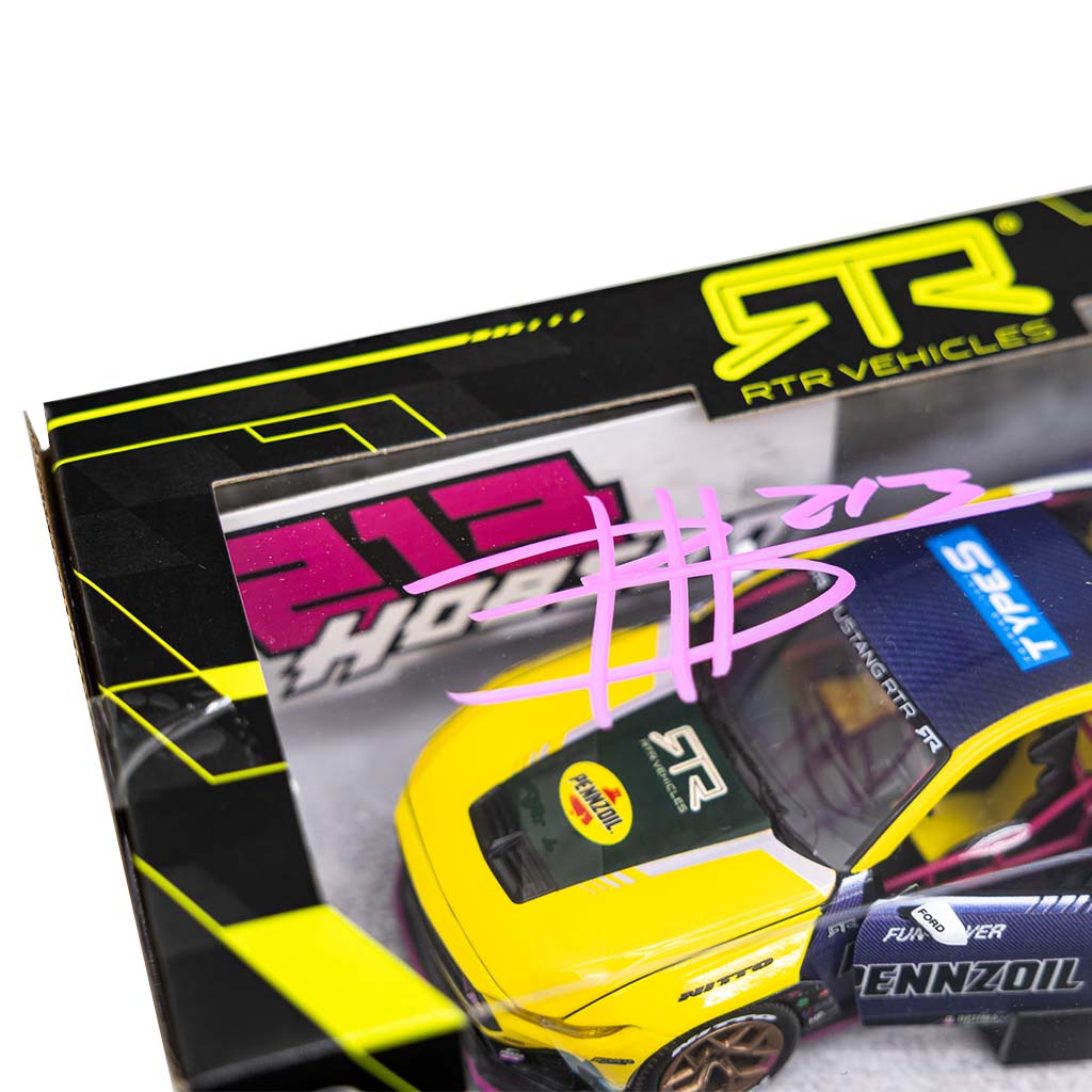 Autographed Ben Hobson's 2024 Ford Mustang RTR Spec 5-FD Diecast Model in box, showcasing detailed design, real rubber tires, and functional components.