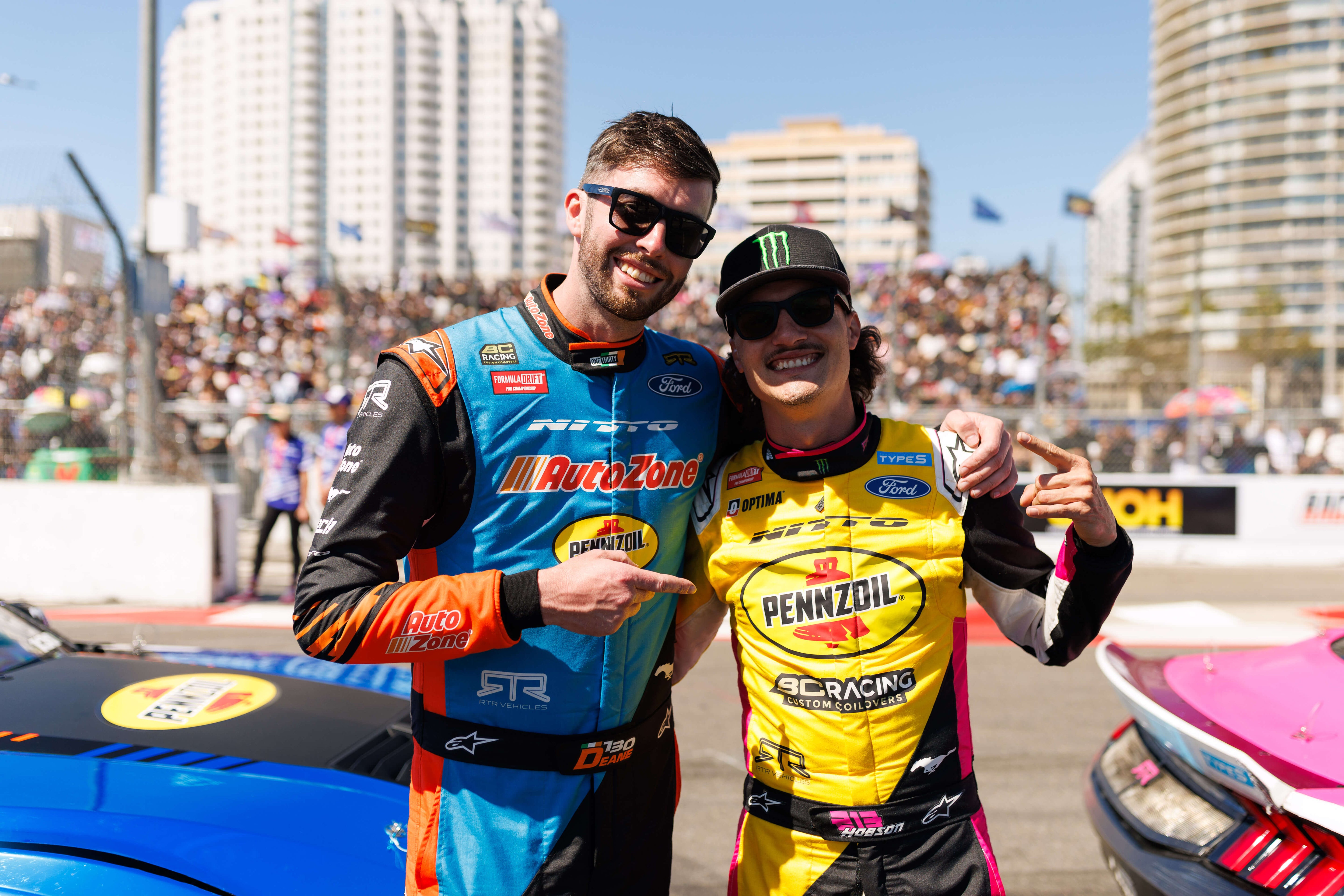 James Deane and Ben Hobson smiling at the beginning of Top 16 at Formula Drift Long Beach