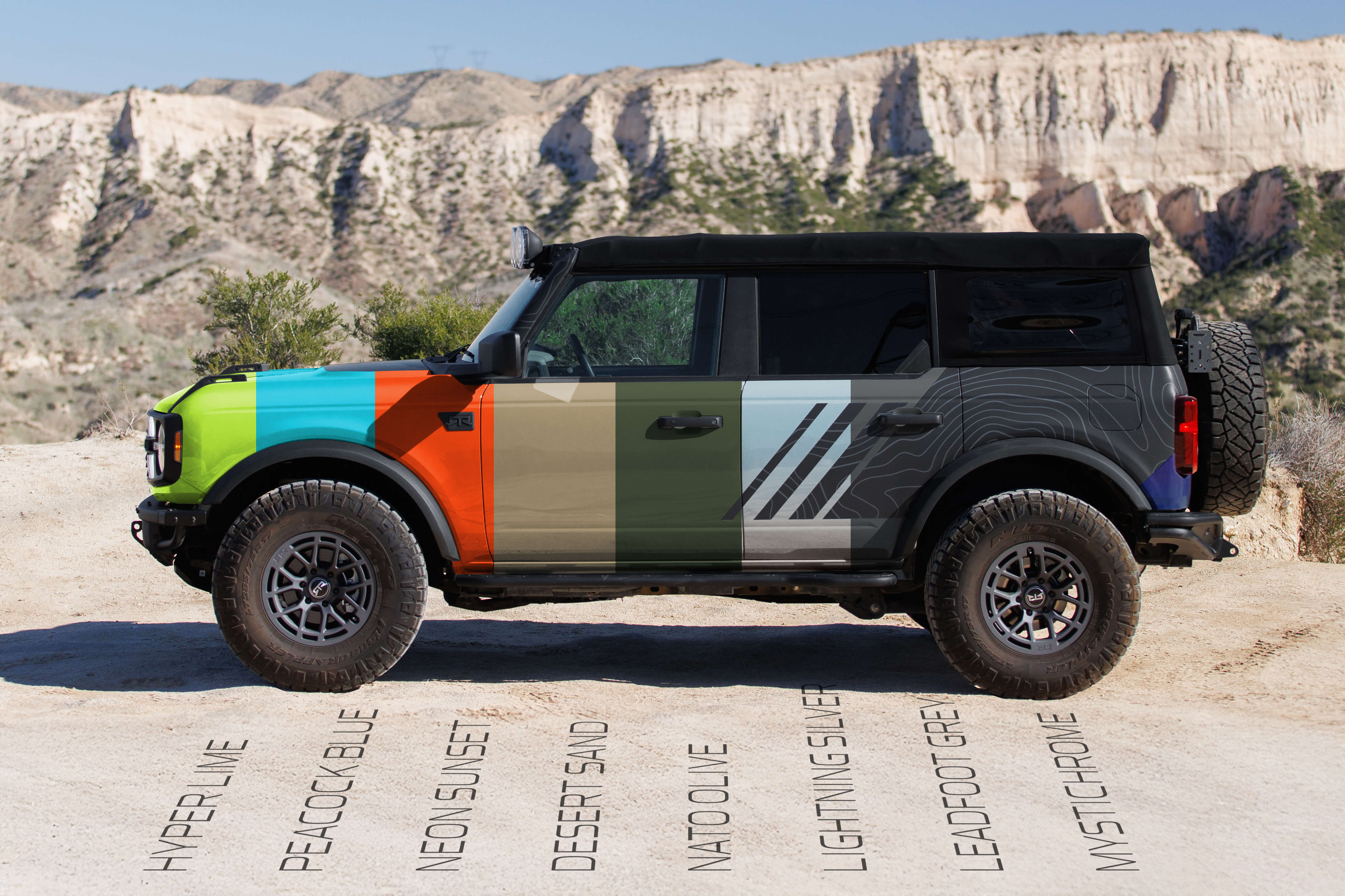 Colorful Bronco RTR with a mountainous landscape in the background, displaying all options available in RTR's Extended Color Palette.