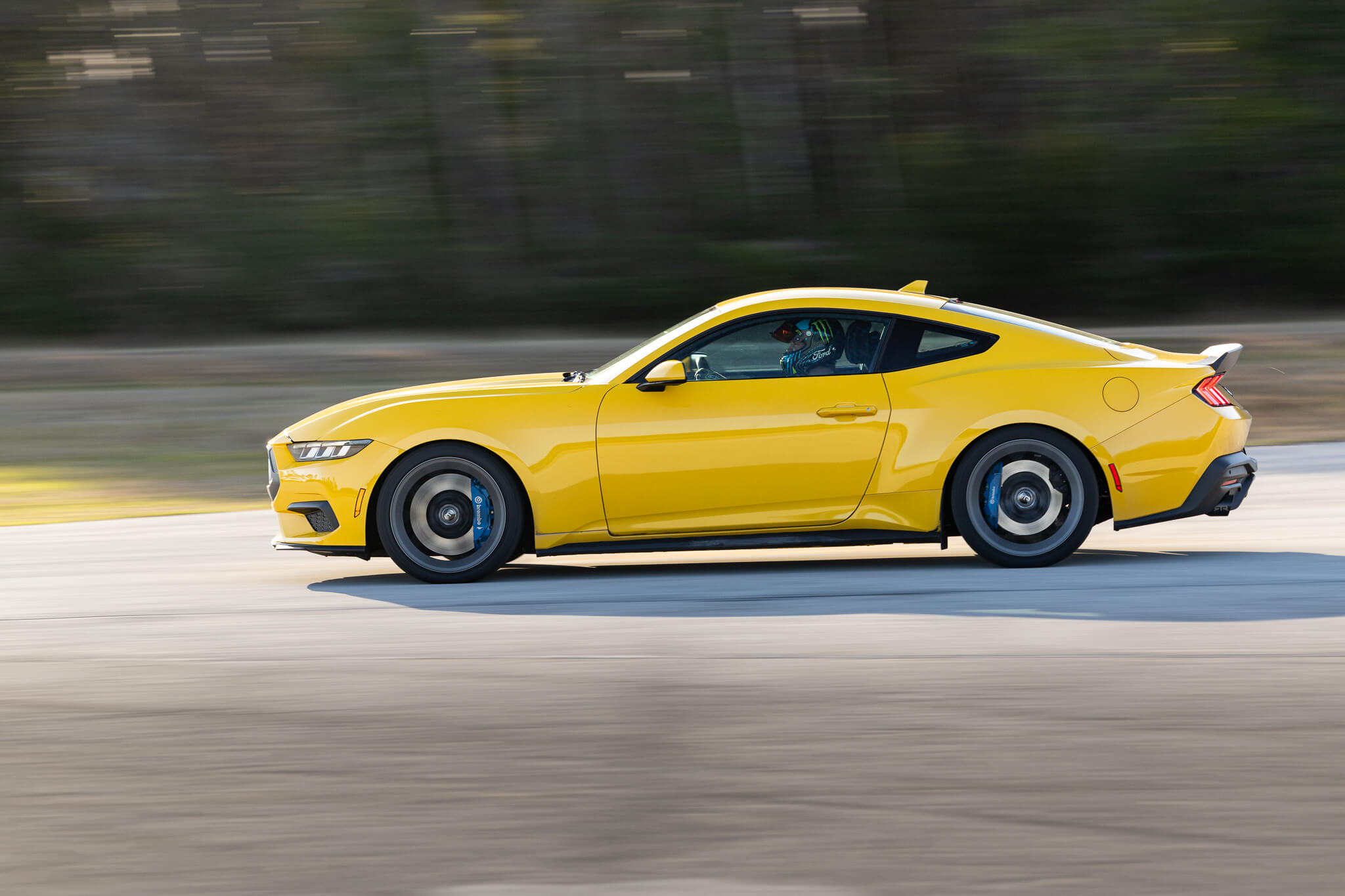 A 2024 Mustang Ecoboost with RTR components takes a turn on the roadcourse
