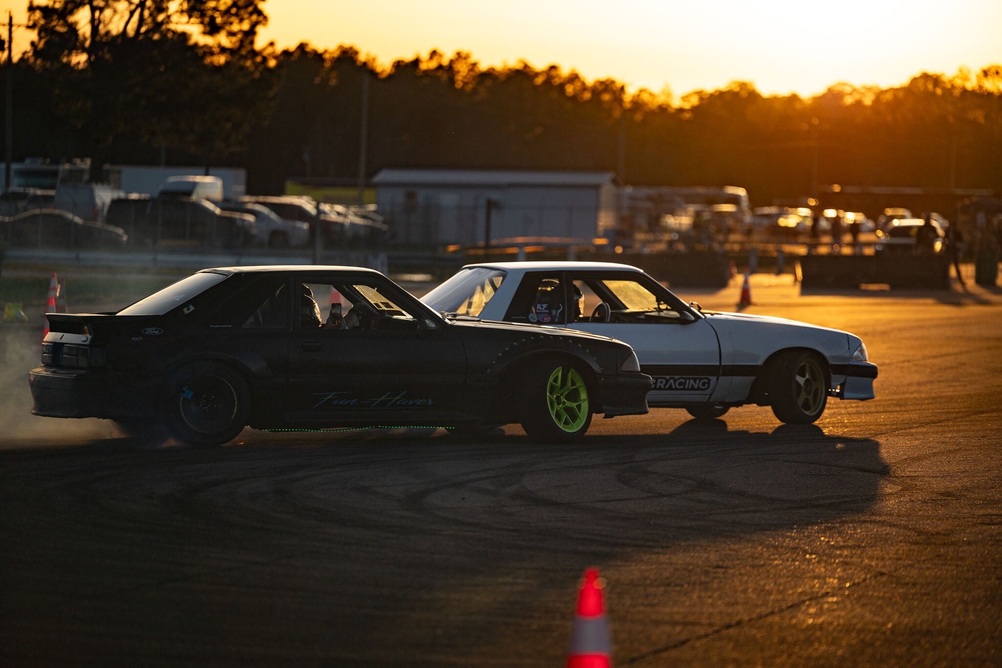 Vaughn Gittin Jr and Chelsea DeNofa tandem drift their foxbodies at NMRA Gainesville