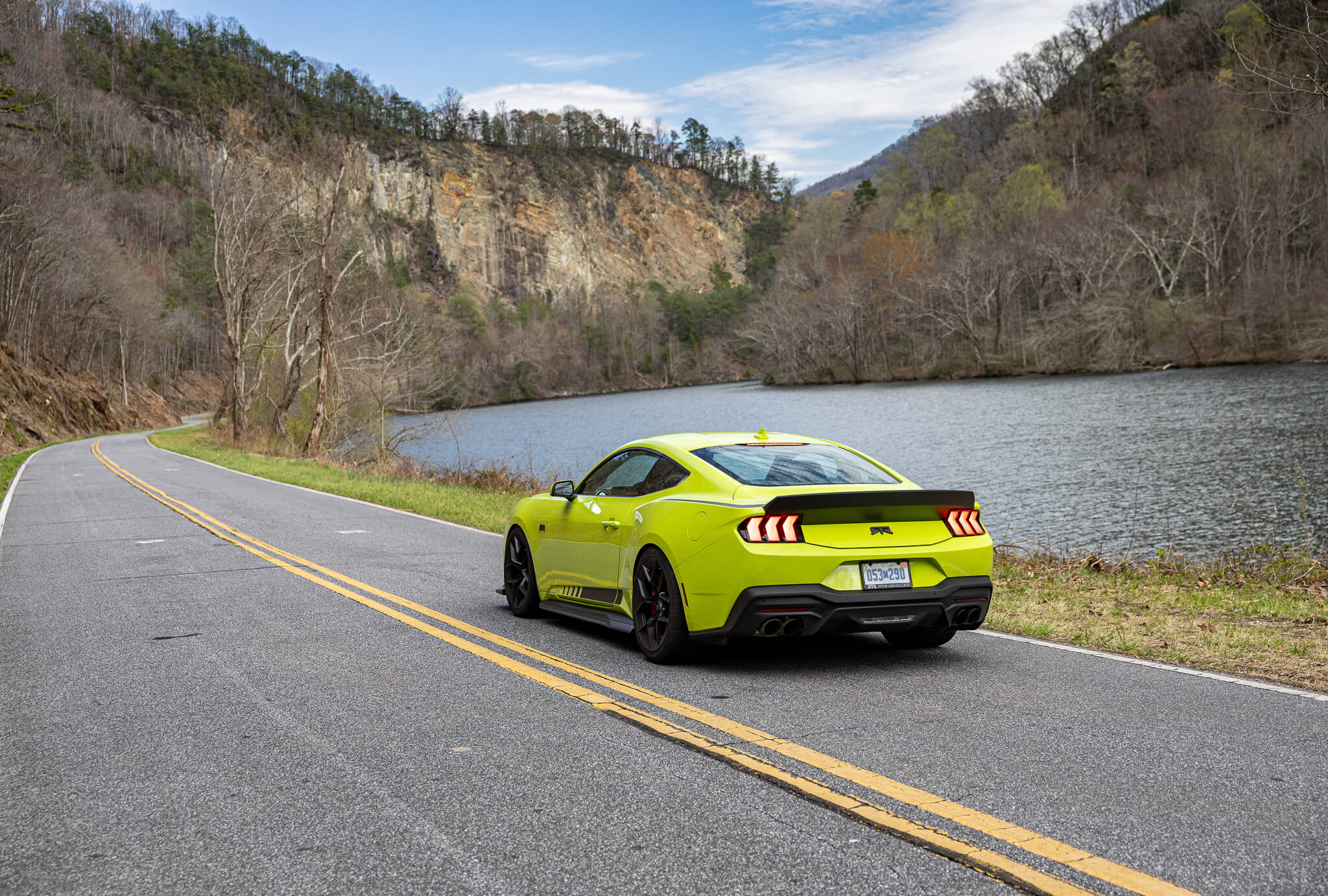 A Hyperlime Mustang RTR Spec 3 on a mountain road
