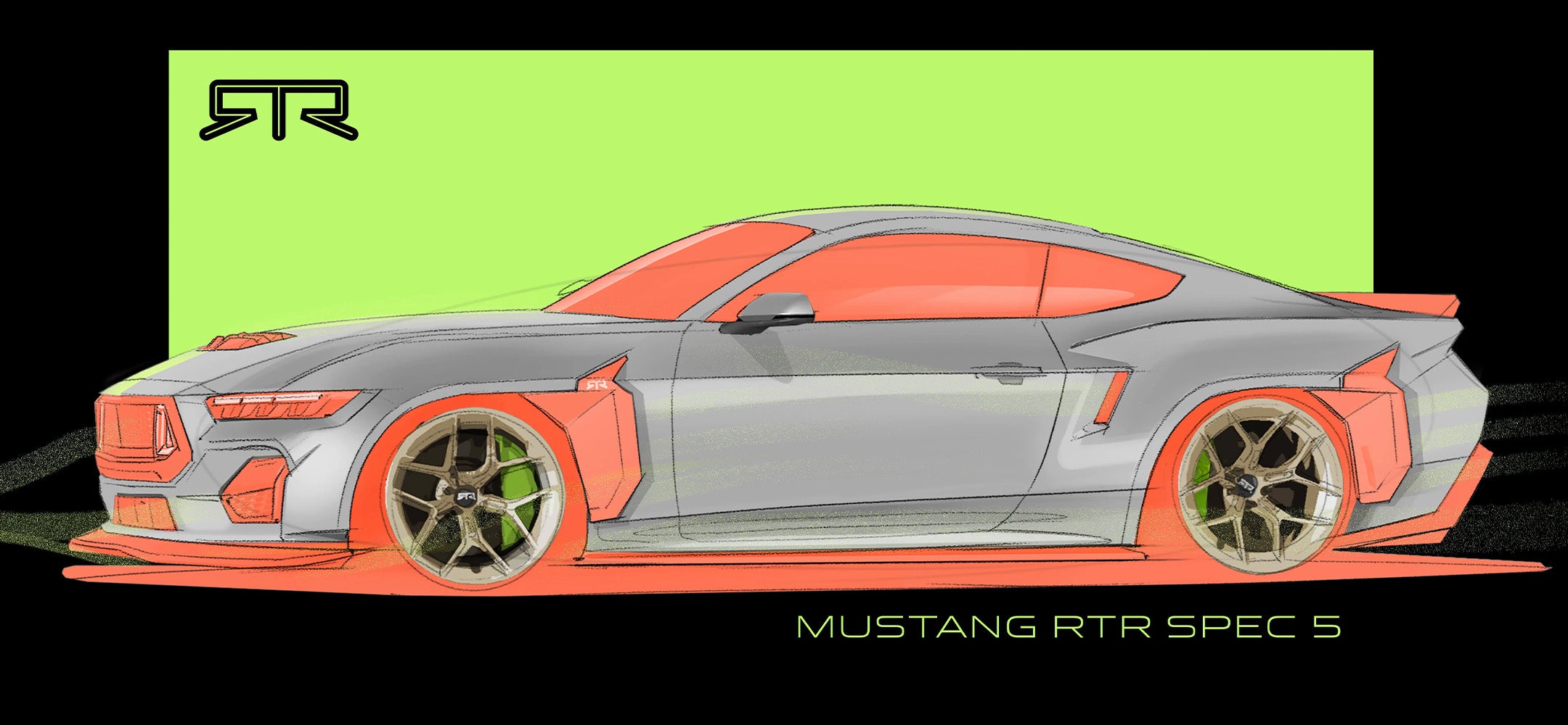 Side view illustration of a Mustang RTR Spec 5 car with orange and gray design on a green background.