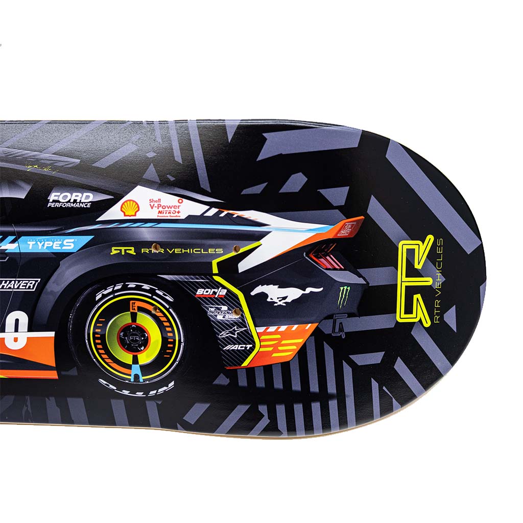 Autographed Vaughn Gittin Jr. 2025 Formula Drift Livery Skate Board featuring a car design, bird silhouette, and motorsport elements on a durable maple deck.
