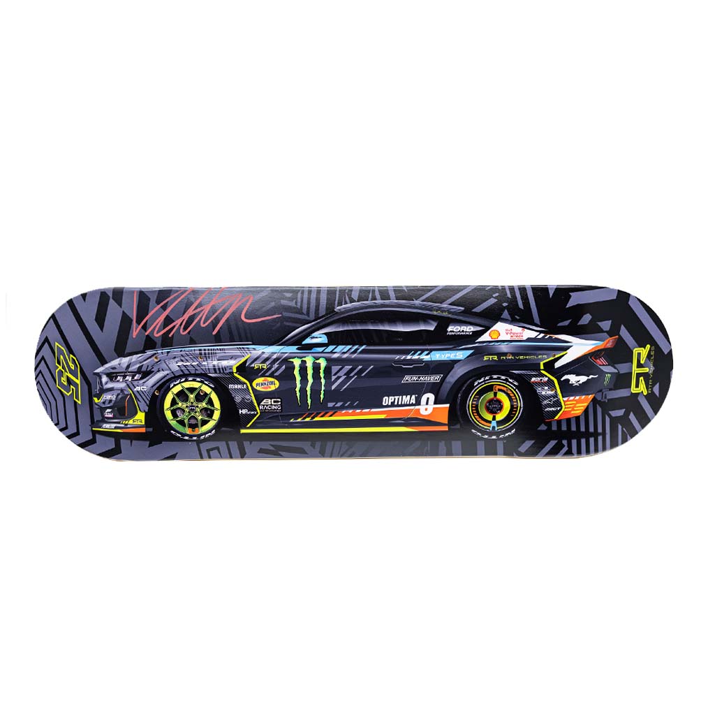 Autographed Vaughn Gittin Jr. 2025 Formula Drift Livery Skate Board featuring a race car graphic, crafted from durable Canadian maple, showcasing Vaughn's signature and RTR branding.