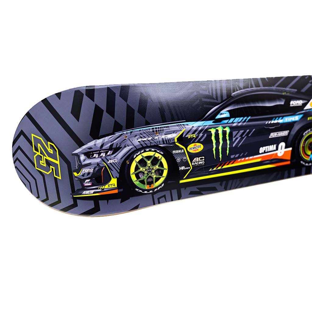 RTR Drift Team Skate Deck featuring a race car image, showcasing a close-up of a tire, crafted from durable 7-ply Canadian maple.