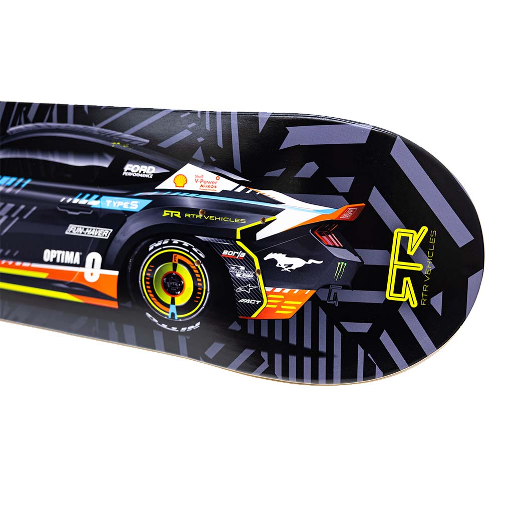 RTR Drift Team Skate Deck featuring a race car graphic, highlighting the 2025 Mustang RTR Spec 5-FD design on durable 7-ply Canadian maple.
