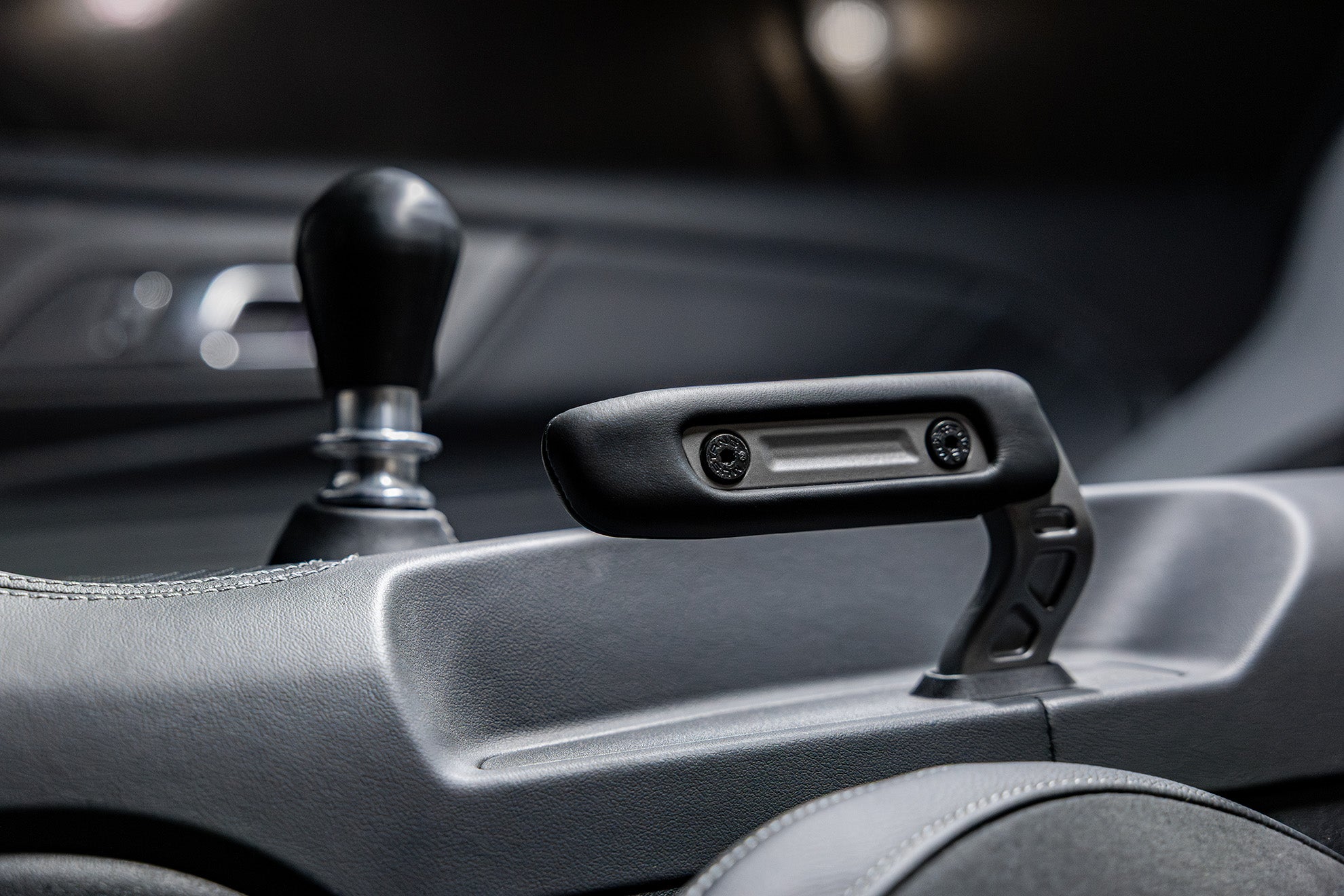 Close-up of the 2026 Mustang RTR Spec 5 interior details and drift brake