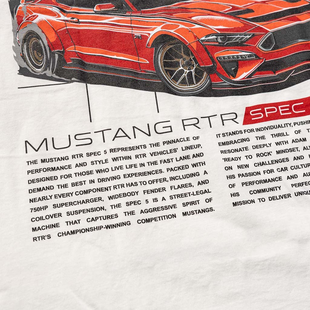 Adam LZ Mustang RTR Spec 5 Tee featuring a text about the iconic Mustang RTR Spec 5.