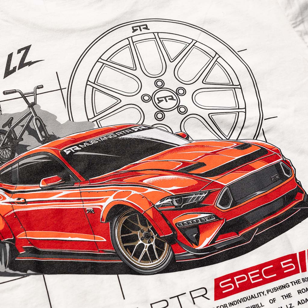 Adam LZ Mustang RTR Spec 5 Tee featuring a detailed Mustang RTR Spec 5, symbolizing performance and style, ideal for automotive enthusiasts.