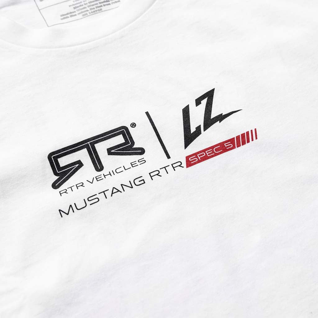 Adam LZ Mustang RTR Spec 5 Tee featuring bold RTR and LZ logos on a white shirt, embodying high-performance car culture and individuality.