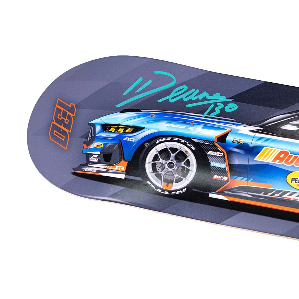 Autographed James Deane 2025 RTR Drift Team Livery Skate Board featuring a stylized blue race car graphic with Deane 130 signature on the deck's nose end.