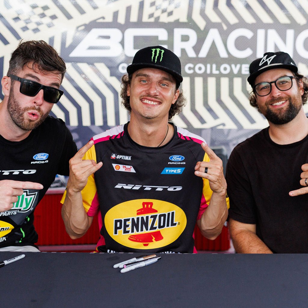 Formula Drift drivers James Deane, Ben Hobson, and Chelsea DeNofa at a BC Racing autograph signing, with Ben Hobson wearing the 2026 RTR Drift Team Sublimated Shirt.