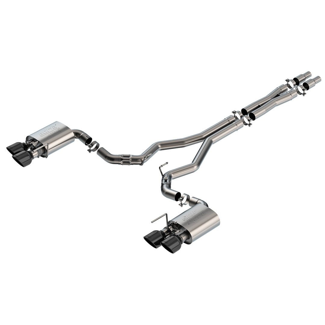 24+ Mustang Dark Horse Borla ATAK cat-back exhaust system with black chrome exhaust tips on a white background
