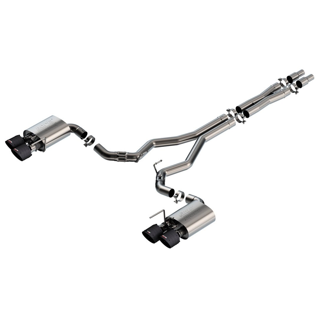24+ Mustang Dark Horse Borla ATAK cat-back exhaust system with carbon fiber exhaust tips on a white background
