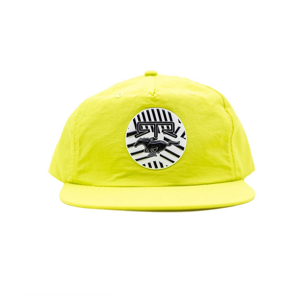 Ford Mustang x RTR Collection 5 Panel Unstructured Snapback Hat featuring a striking emblem with stylized letters and horse silhouette, designed for comfort and style.